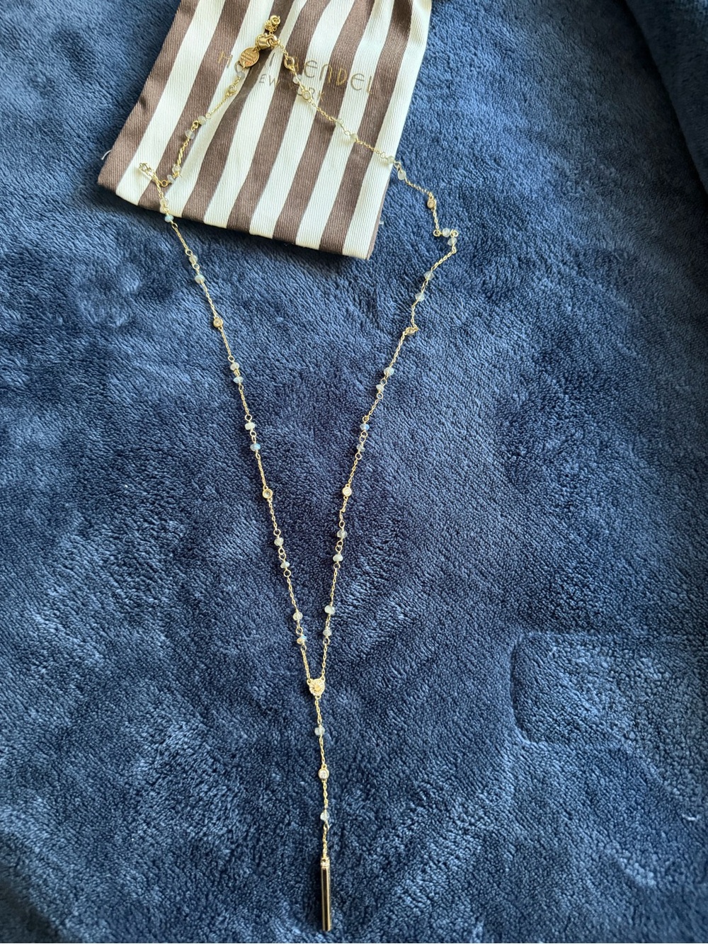Henri Bendel Gold Y-Necklace with Light Blue Bead Accents and Bar Pendant